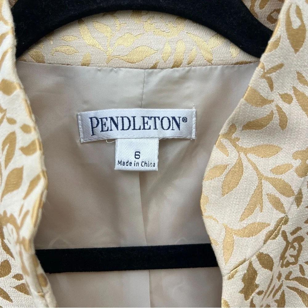 Pendleton Vintage 80s Gold Lame Cream Floral Brocade Belted Lined Blazer Jacket - Picture 3 of 16